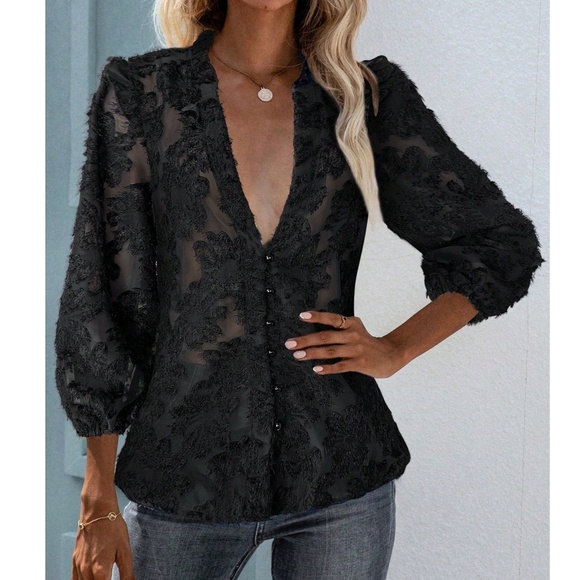 Classic Fuzzy Floral Button Down Long Sleeve Top - Picture 9 of 10